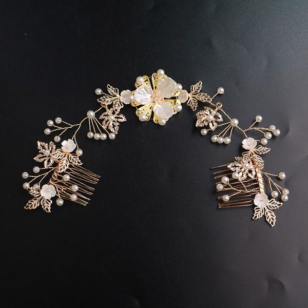 hair clips & barrettes gold hollowed-out leaves and flowers comb pearl branch combs long curved fixed ornaments wedding bridal decor helh889, Golden;silver